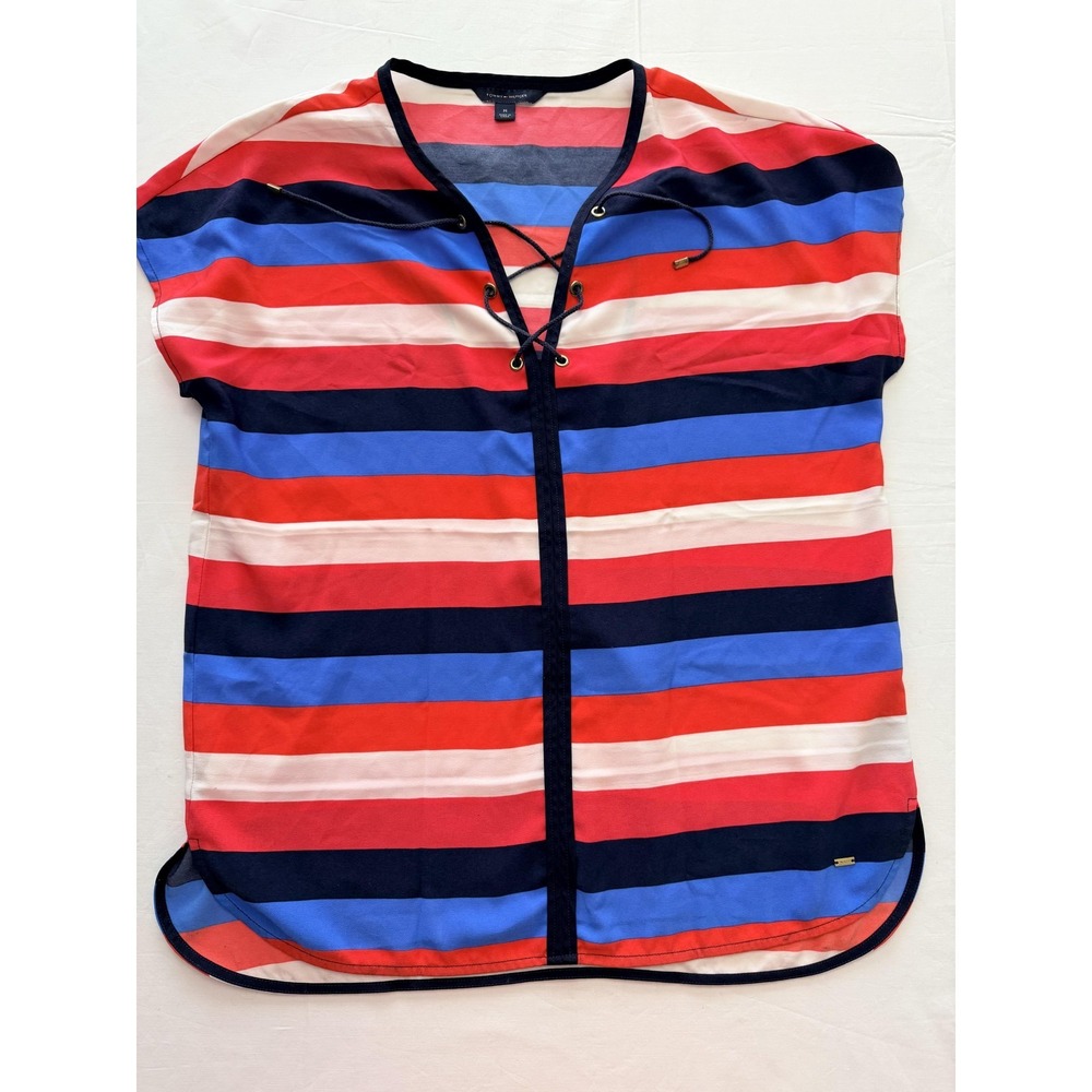 Tommy Hilfiger Blouse‎ Womens Medium Multicolor Stripe V Neck Lace Up Tunic Top